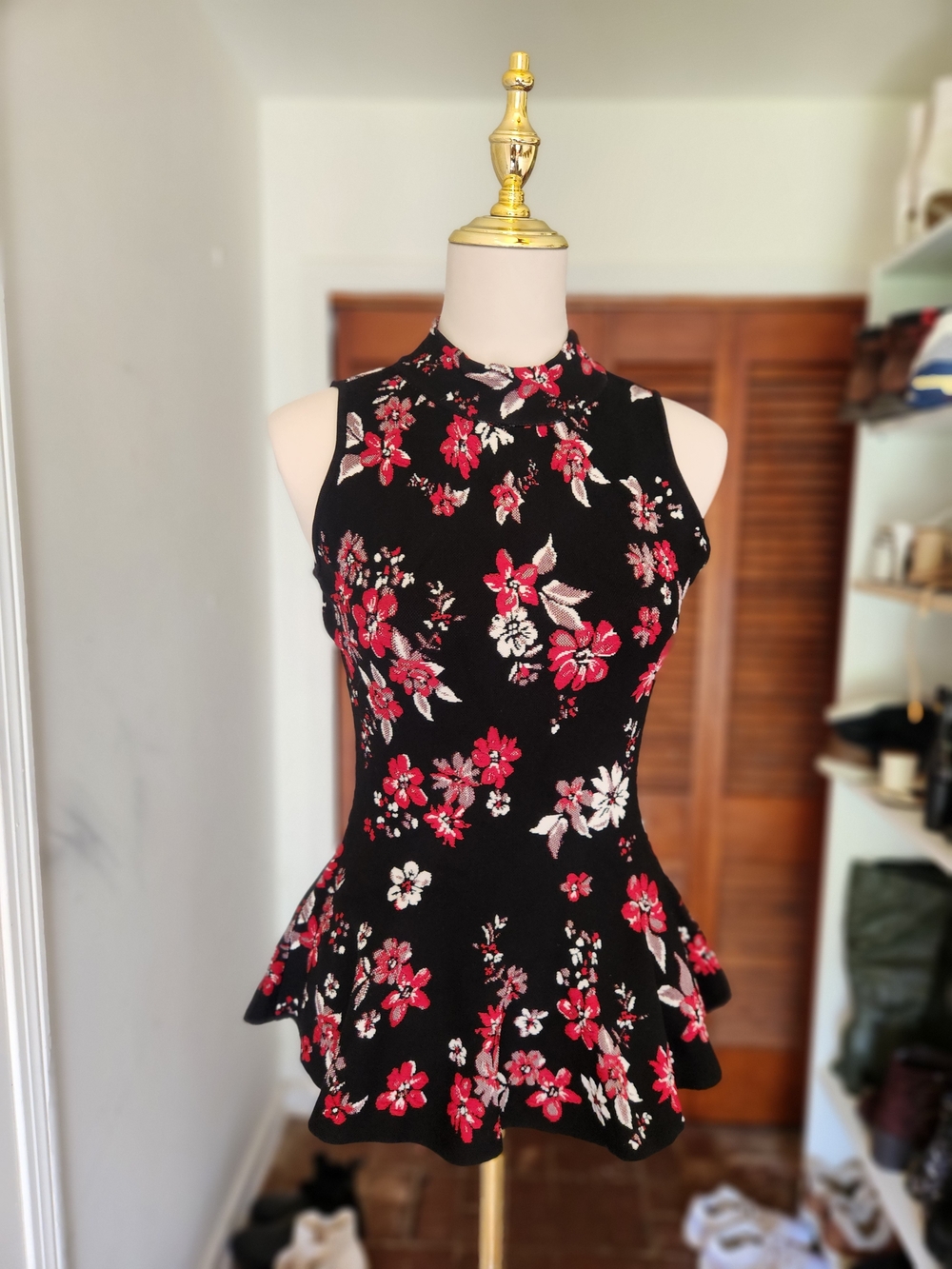 Milly Black Floral Peplum Sleeveless Top